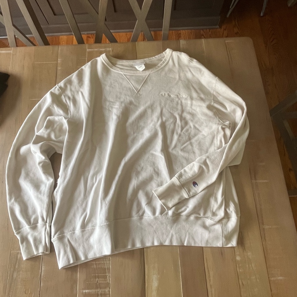Champion Men’s Cream Crewneck Pullover with Embroidered Logo